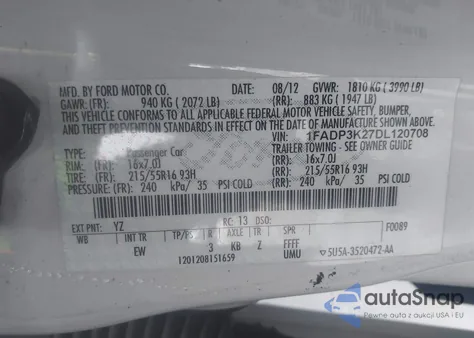 2013 Ford Focus Se from USA, damaged, VIN 1FADP3K27DL120708